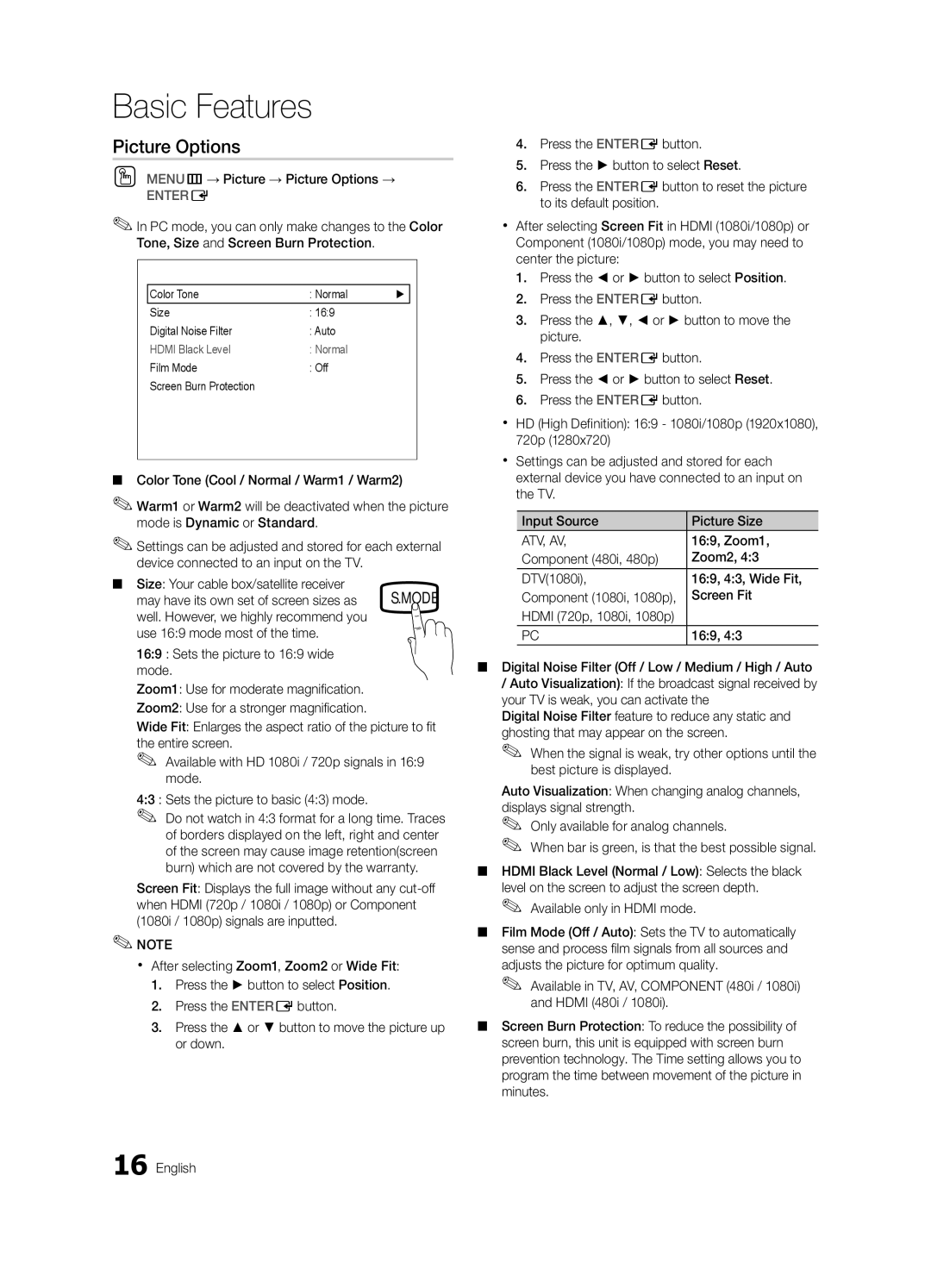 Samsung BN68-02577A-04, PN50C450 user manual Picture Options 