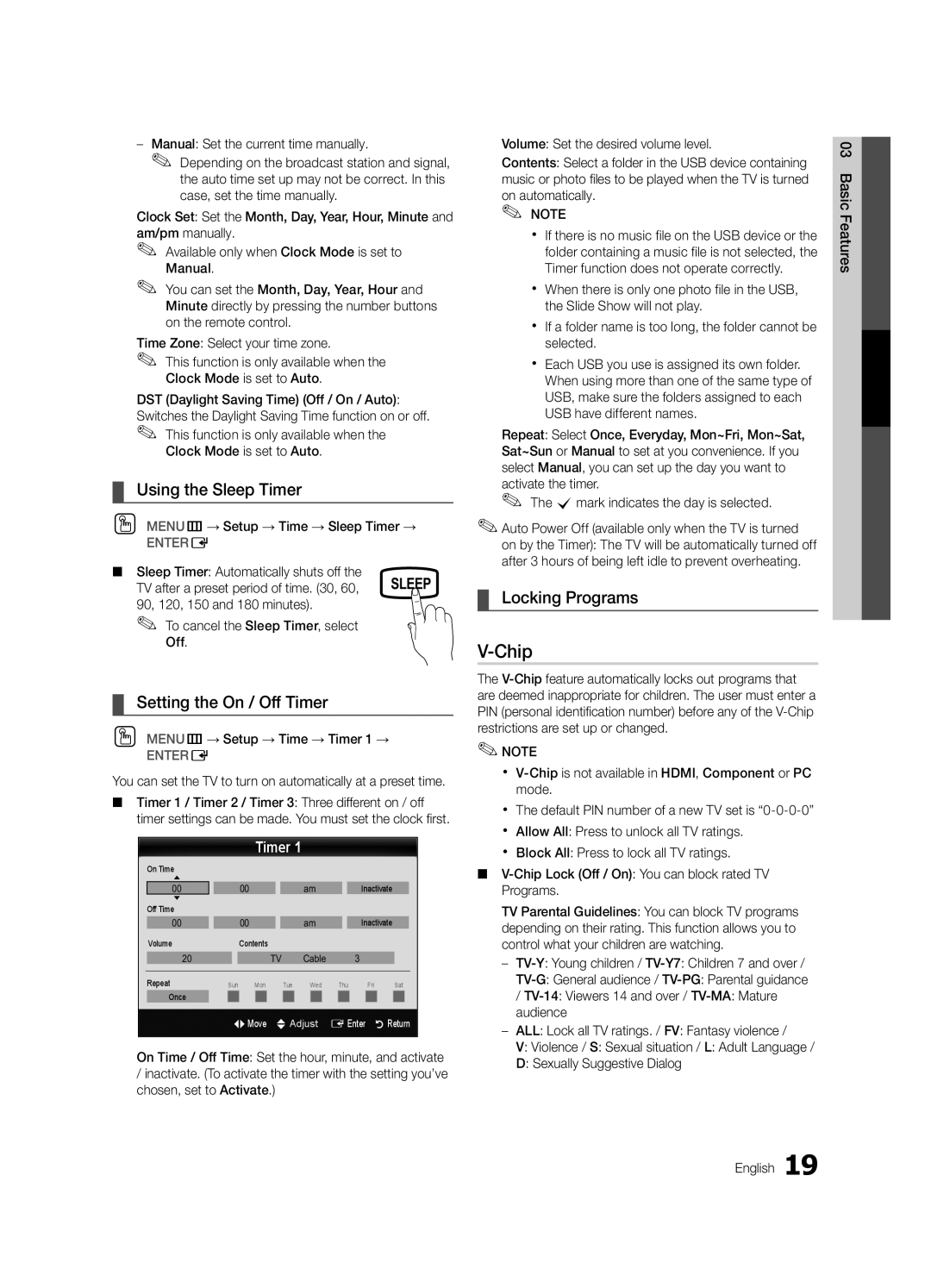 Samsung PN50C450, BN68-02577A-04 user manual Chip, Using the Sleep Timer, Setting the On / Off Timer, Locking Programs 