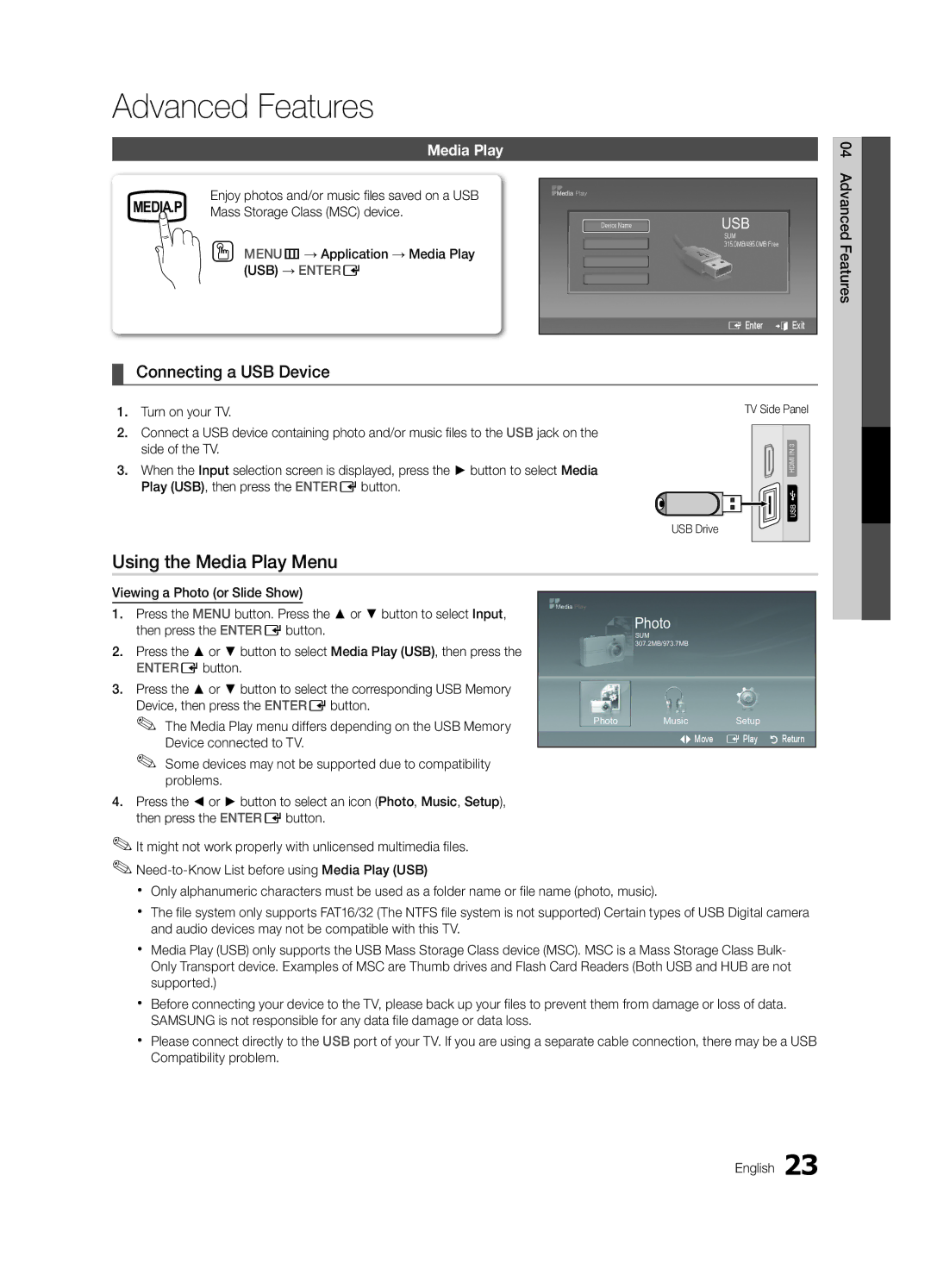 Samsung PN50C450, BN68-02577A-04 user manual Advanced Features, Using the Media Play Menu, Connecting a USB Device 