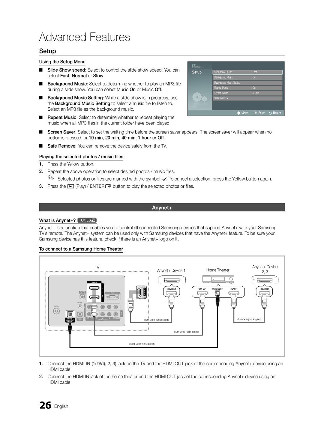 Samsung BN68-02577A-04, PN50C450 user manual Setup, Anynet+ Device Home Theater 