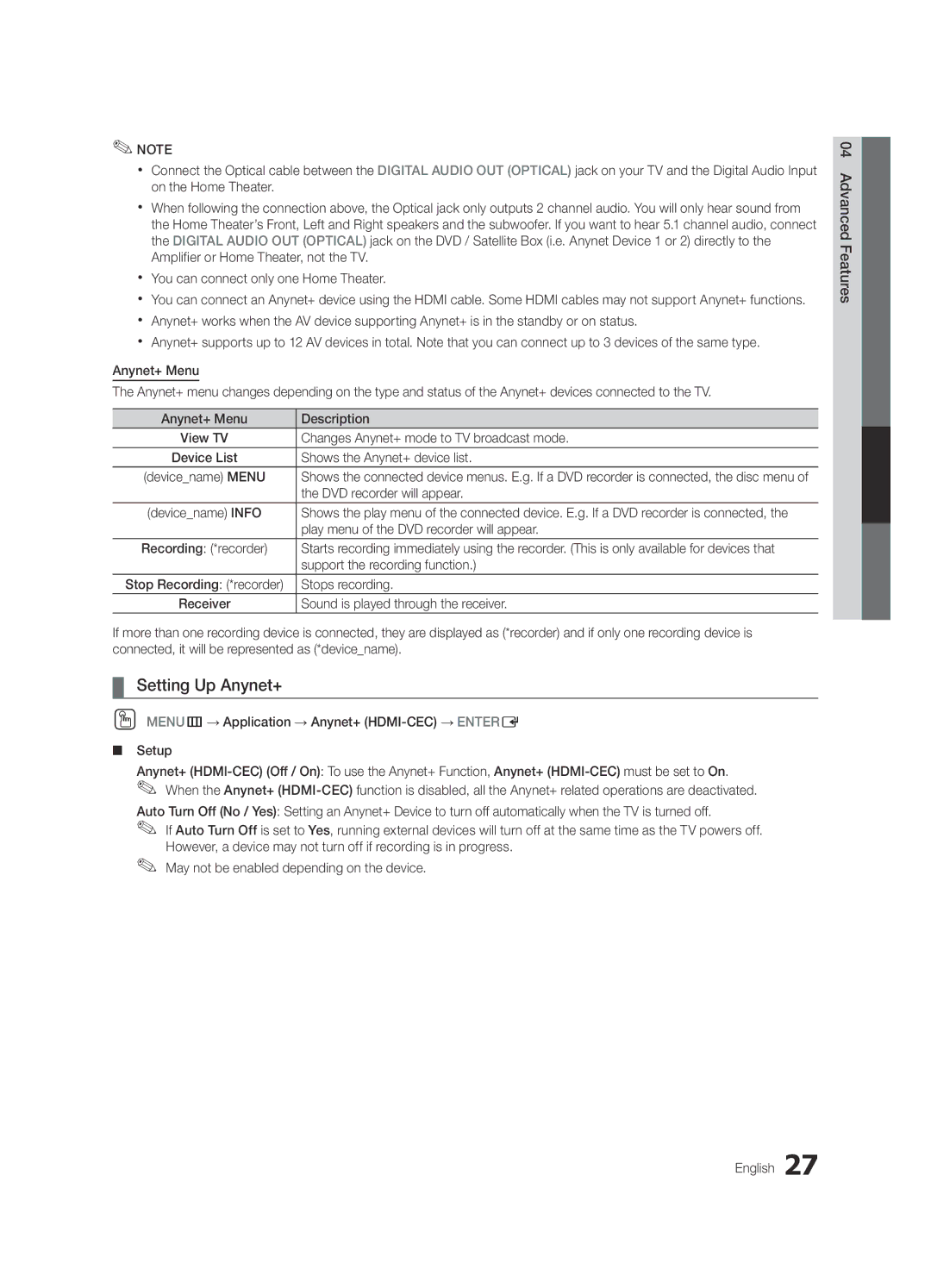 Samsung PN50C450, BN68-02577A-04 user manual Setting Up Anynet+ 