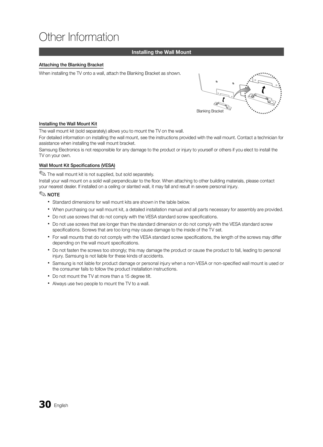 Samsung BN68-02577A-04, PN50C450 user manual Other Information, Installing the Wall Mount, Blanking Bracket 