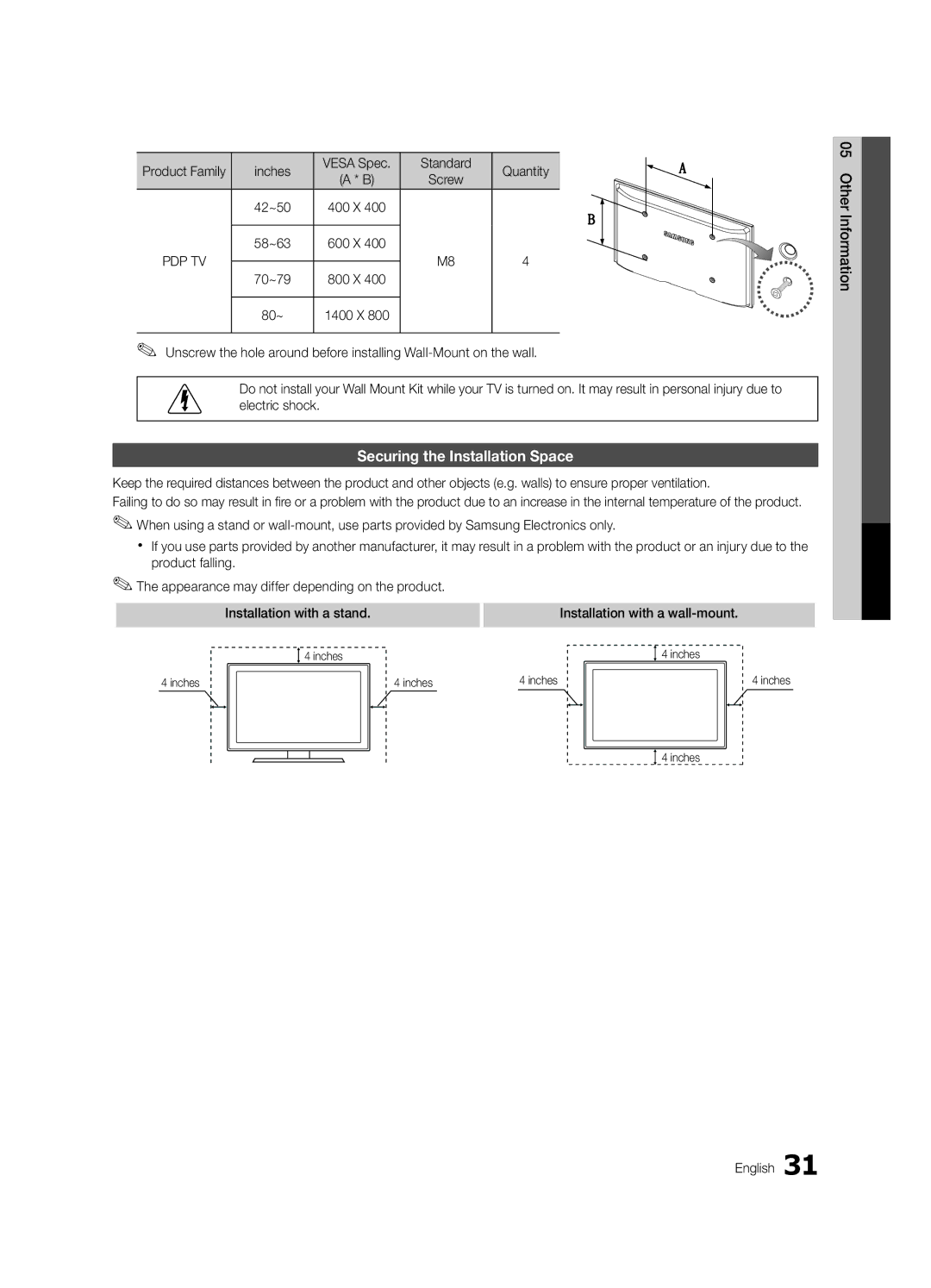 Samsung PN50C450, BN68-02577A-04 Securing the Installation Space, Product Family Inches Vesa Spec Standard Quantity, 80~ 