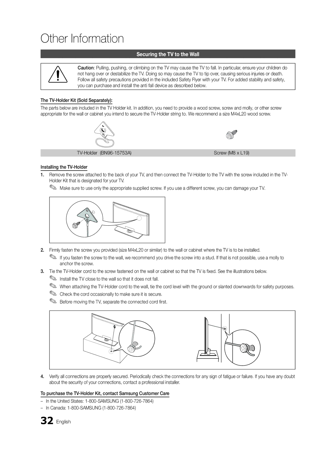 Samsung BN68-02577A-04 Securing the TV to the Wall, TV-Holder Kit Sold Separately, TV-Holder BN96-15753A, Screw M8 x L19 