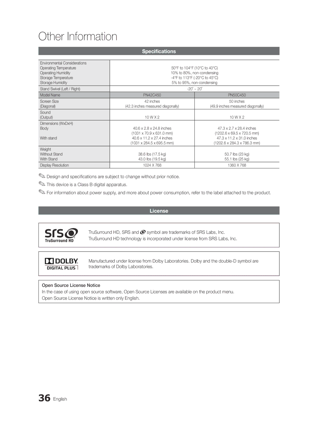 Samsung BN68-02577A-04, PN50C450 user manual Specifications, License 