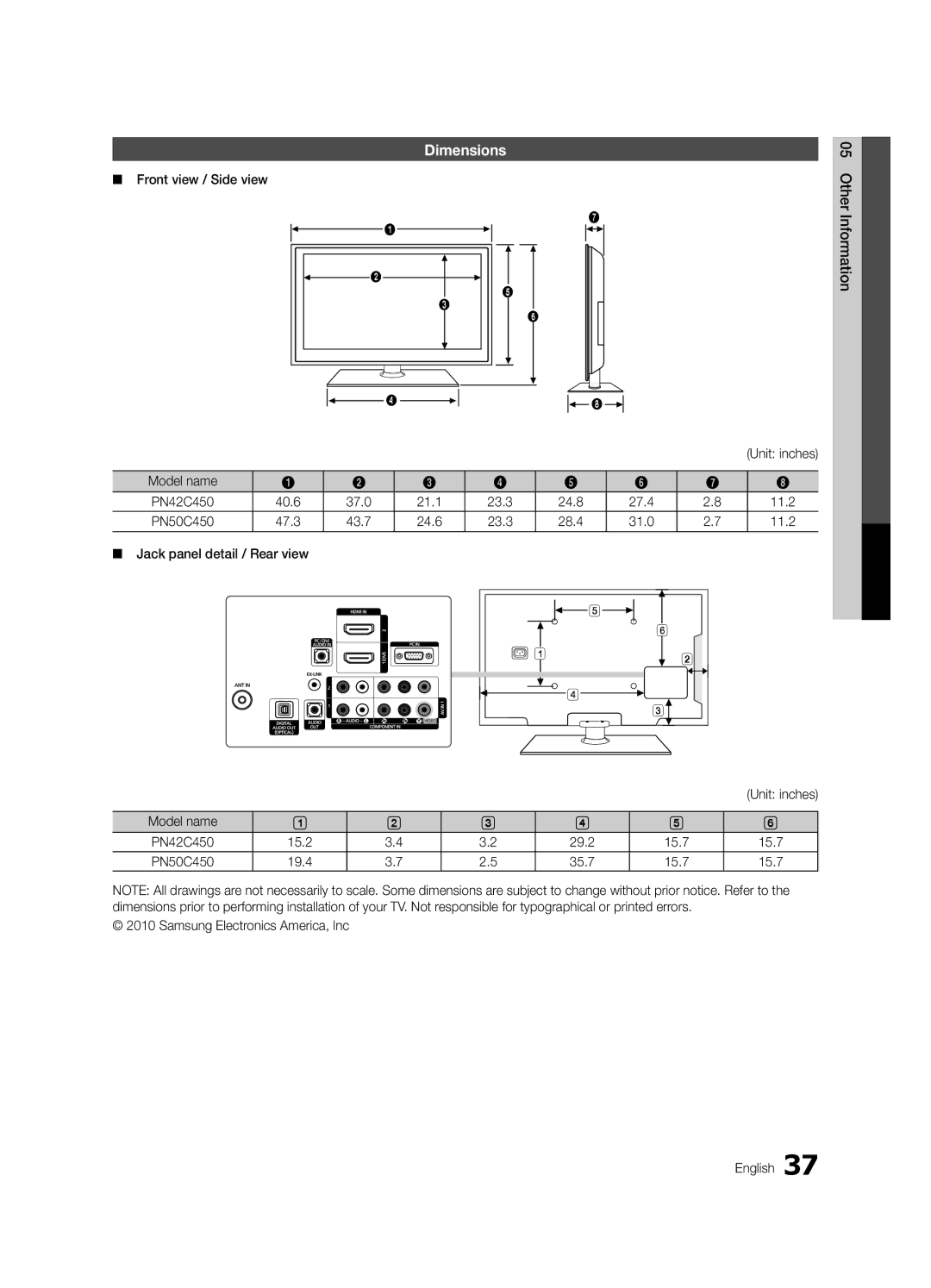 Samsung PN50C450, BN68-02577A-04 user manual Dimensions 