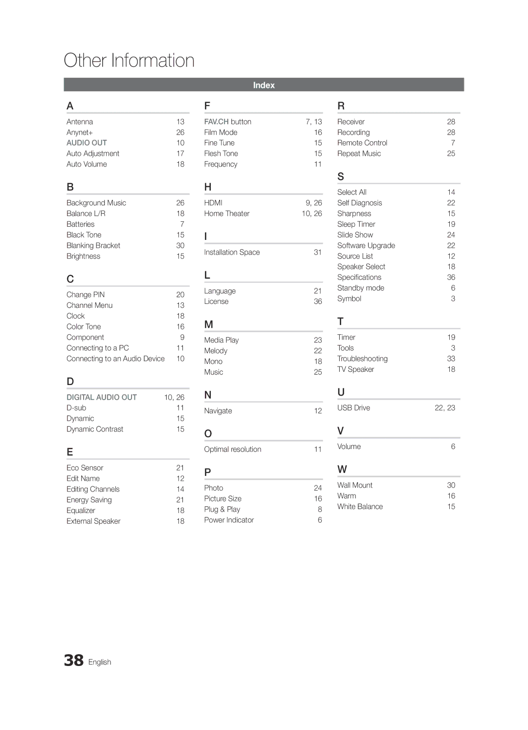 Samsung BN68-02577A-04, PN50C450 user manual Index, Antenna Anynet+, Film Mode Fine Tune Flesh Tone Frequency 