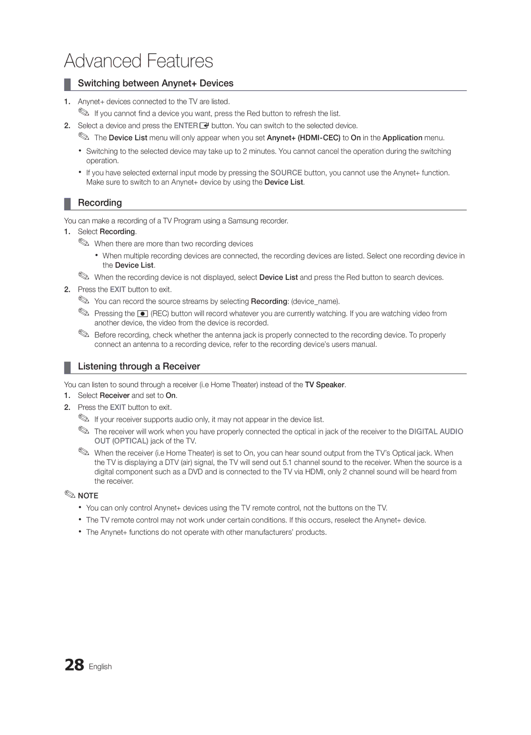 Samsung BN68-02577B-06, PC450-ZC user manual Switching between Anynet+ Devices, Recording, Listening through a Receiver 