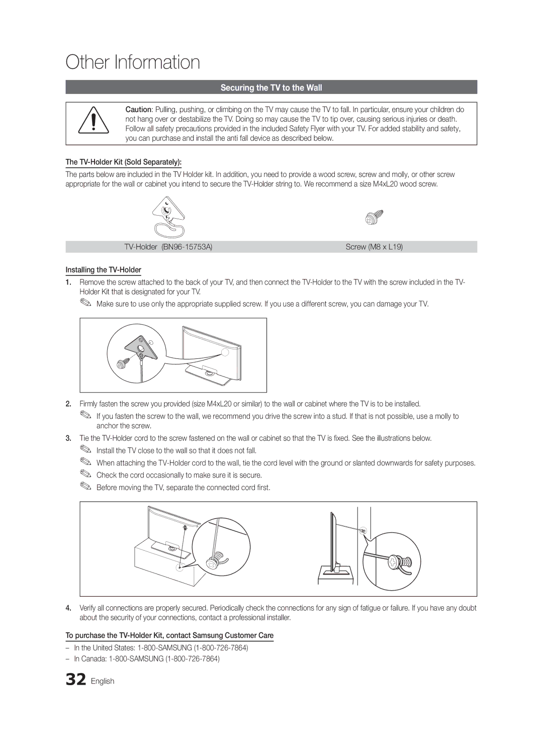 Samsung BN68-02577B-06 Securing the TV to the Wall, TV-Holder Kit Sold Separately, TV-Holder BN96-15753A, Screw M8 x L19 