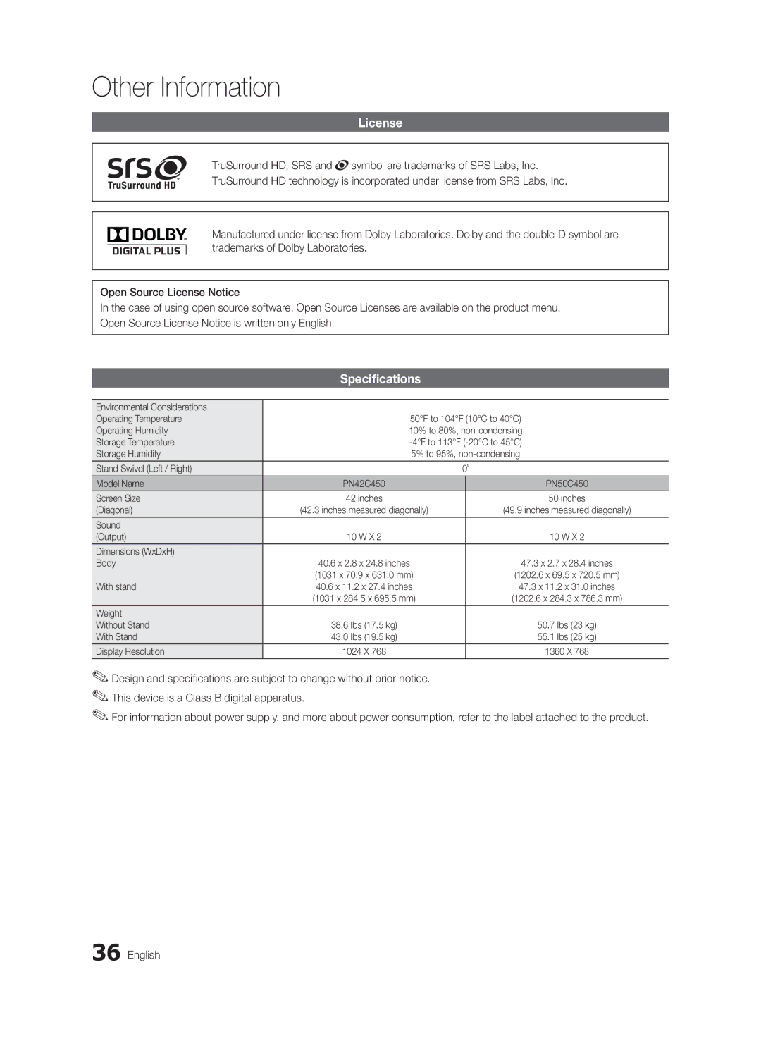 Samsung BN68-02577B-06, PC450-ZC user manual License, Specifications 