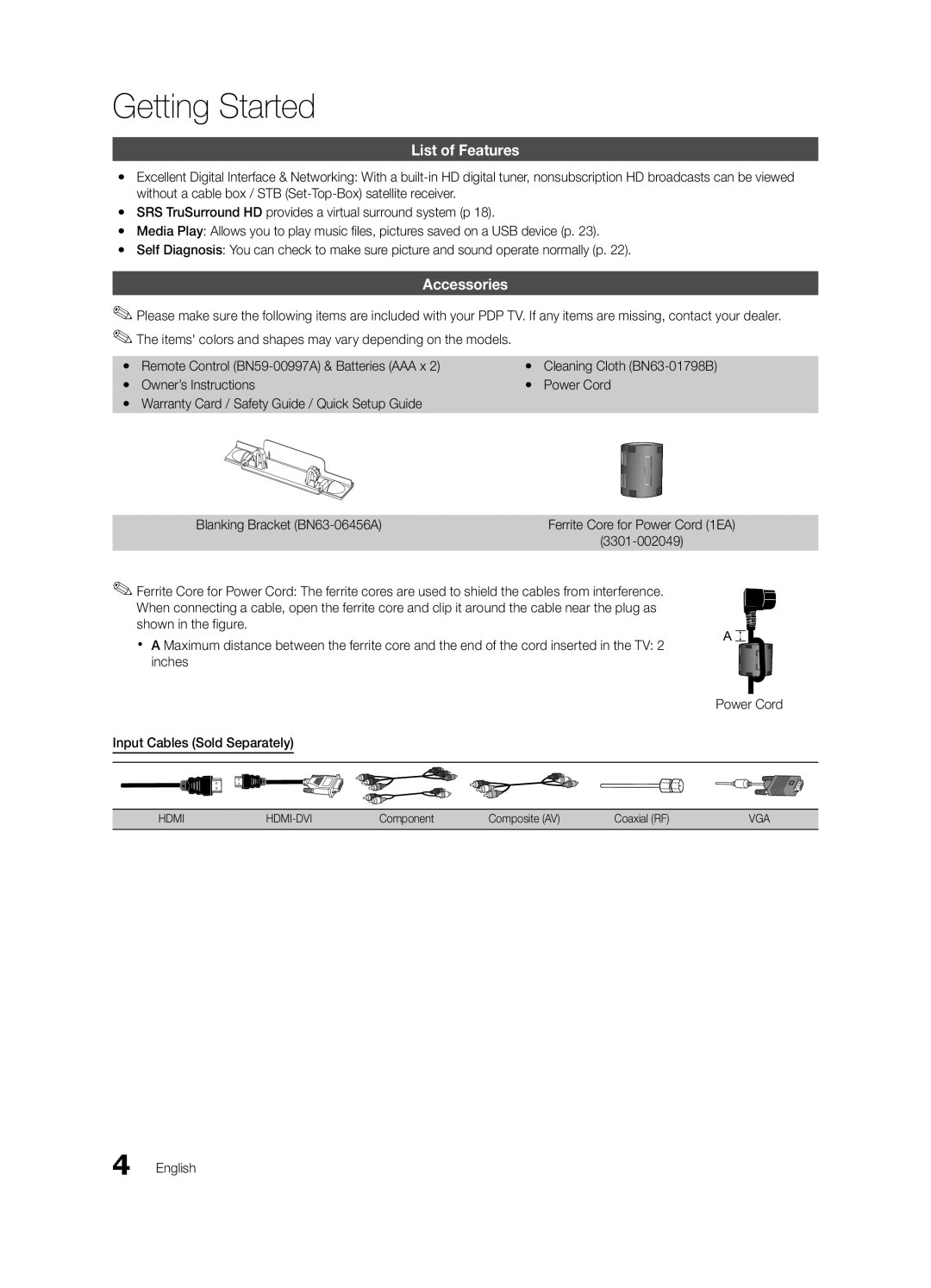 Samsung BN68-02577B-06, PC450-ZC user manual Getting Started, List of Features, Accessories, 3301-002049 