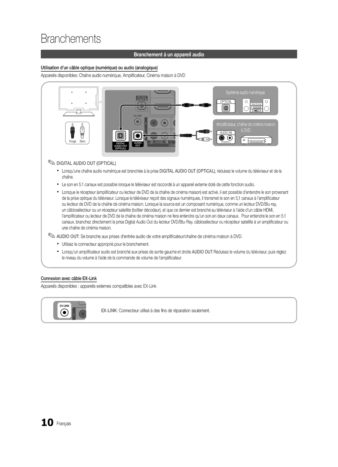 Samsung BN68-02577B-06 Branchement à un appareil audio, Utilisation dun câble optique numérique ou audio analogique 