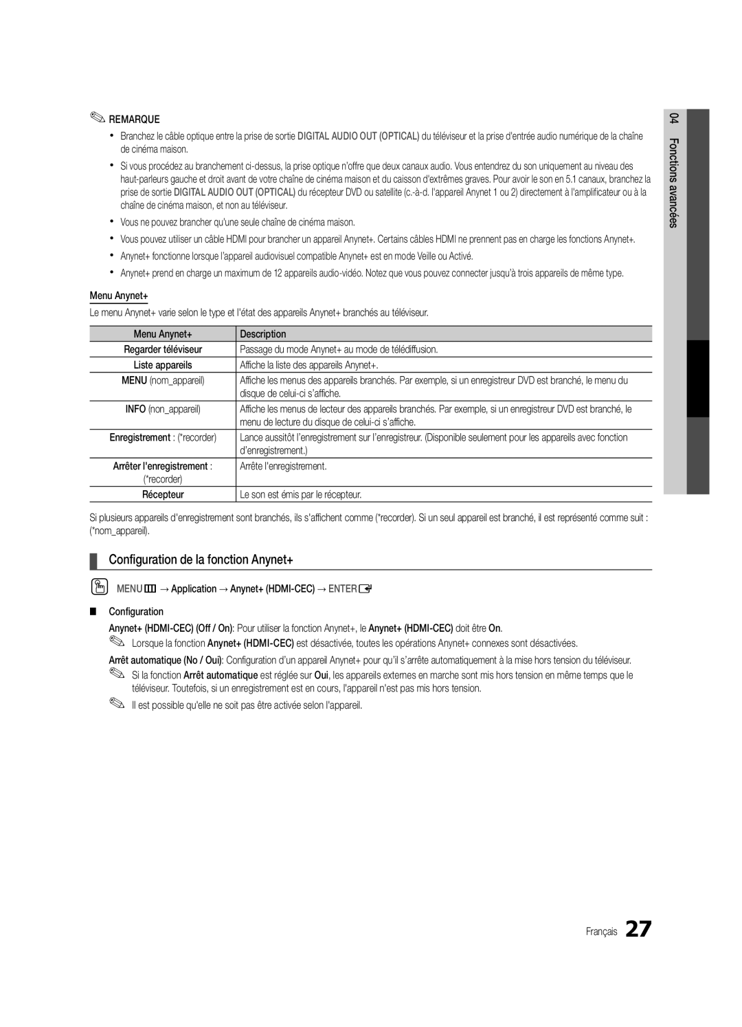 Samsung PC450-ZC, BN68-02577B-06 user manual Configuration de la fonction Anynet+ 