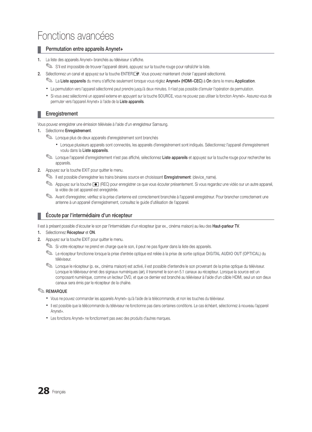 Samsung BN68-02577B-06 Permutation entre appareils Anynet+, Enregistrement, Écoute par lintermédiaire dun récepteur 