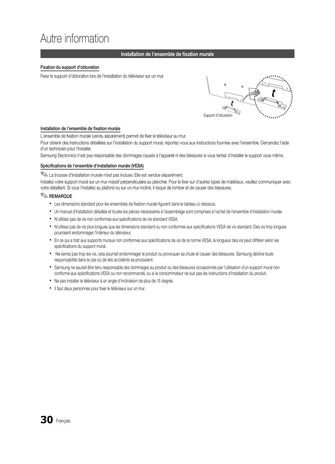 Samsung BN68-02577B-06, PC450-ZC Autre information, Installation de l’ensemble de fixation murale, Support dobturation 