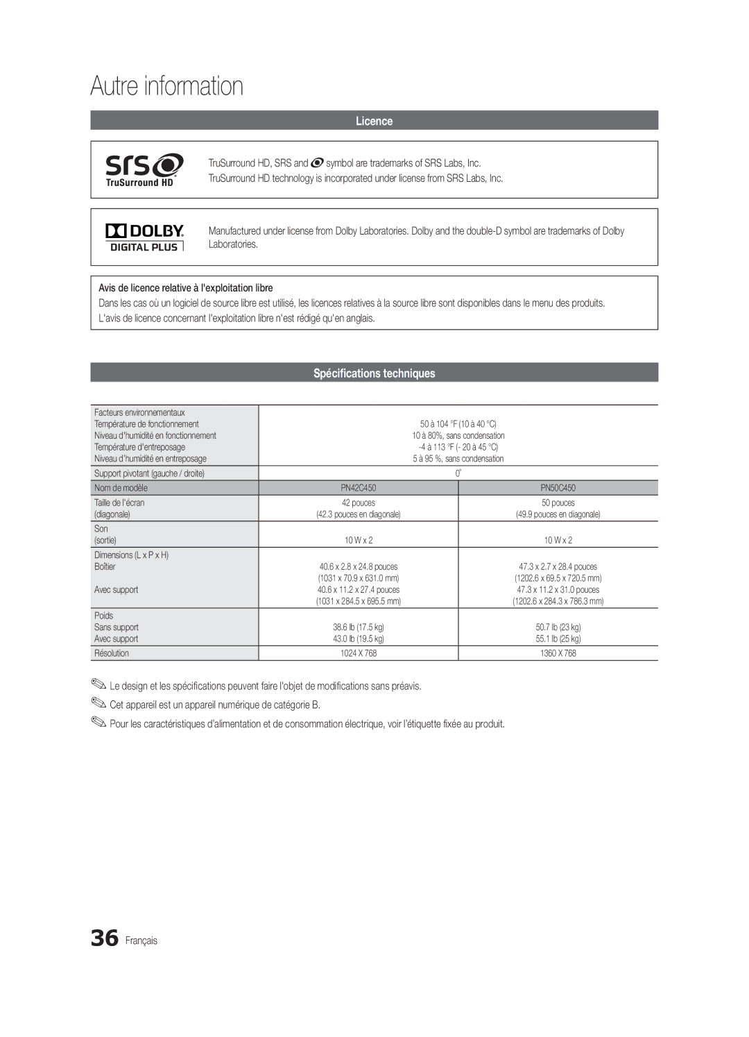 Samsung BN68-02577B-06 Licence, Spécifications techniques, Laboratories Avis de licence relative à lexploitation libre 