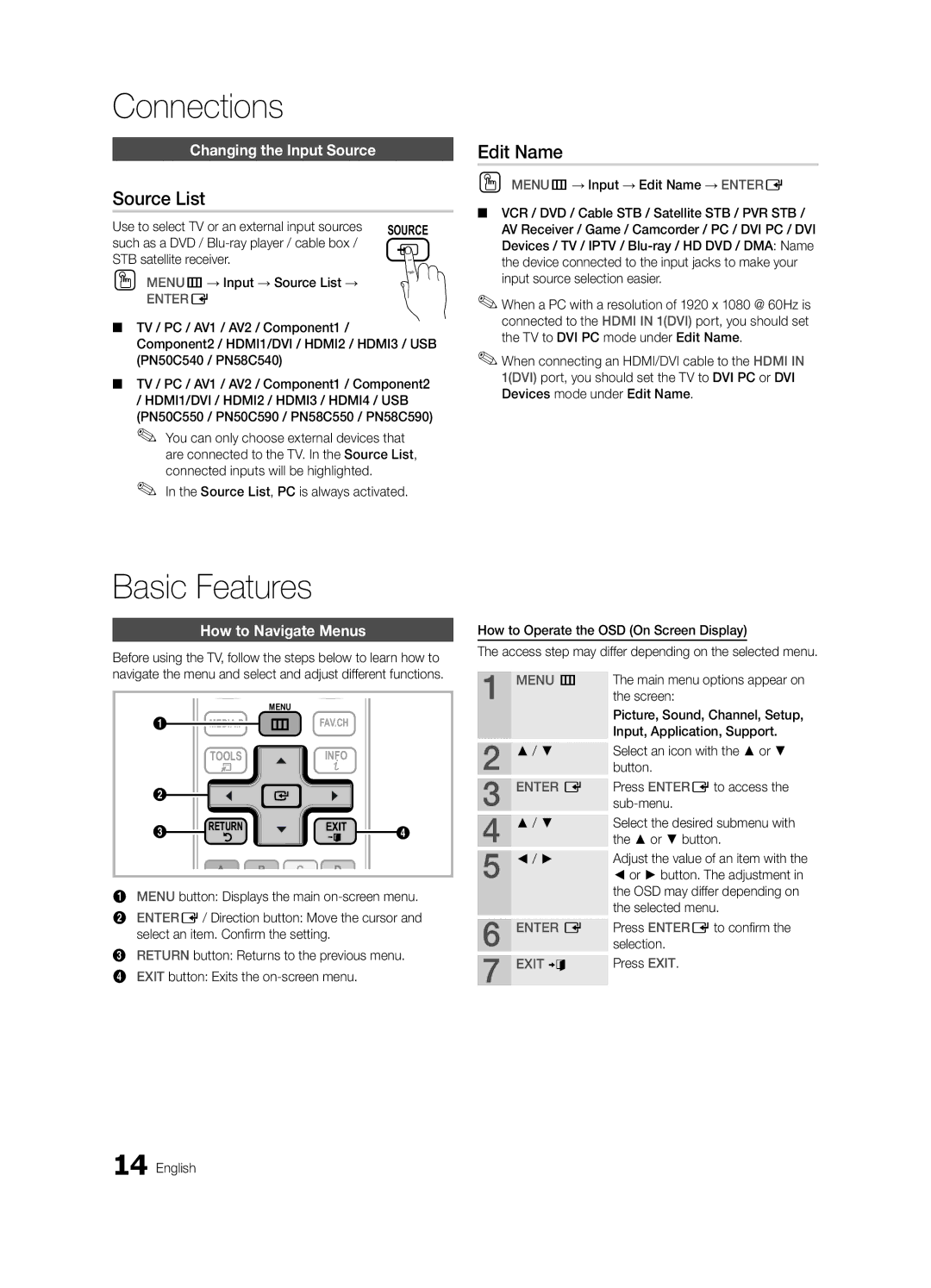 Samsung BN68-02580A-05, PC550-ZA user manual Source List, Edit Name, Changing the Input Source, How to Navigate Menus 