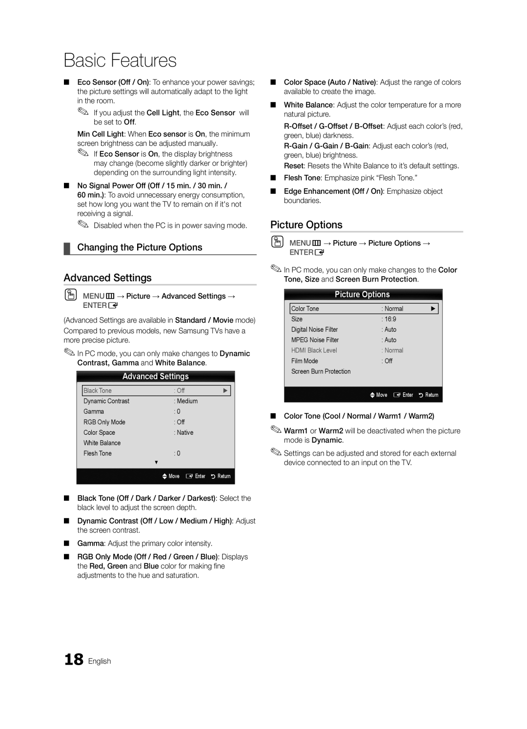 Samsung BN68-02580A-05, PC550-ZA user manual Advanced Settings, Changing the Picture Options 