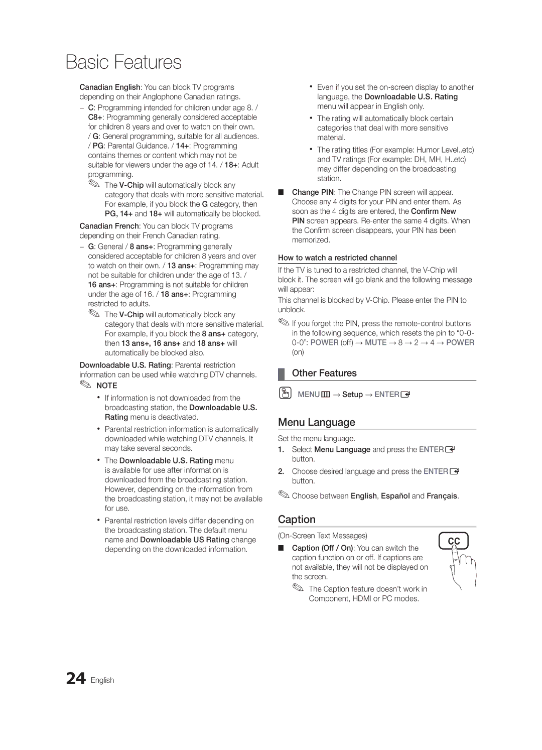 Samsung BN68-02580A-05, PC550-ZA user manual Menu Language, Caption 