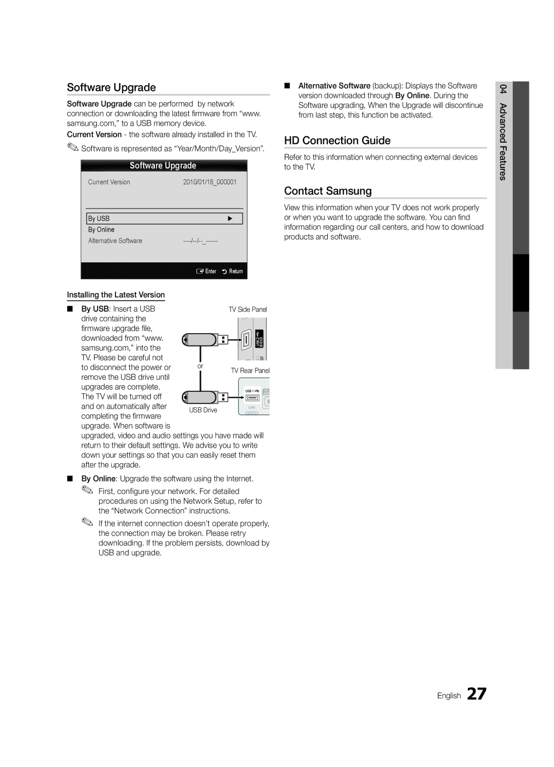 Samsung PC550-ZA Software Upgrade, HD Connection Guide, Contact Samsung, Installing the Latest Version By USB Insert a USB 