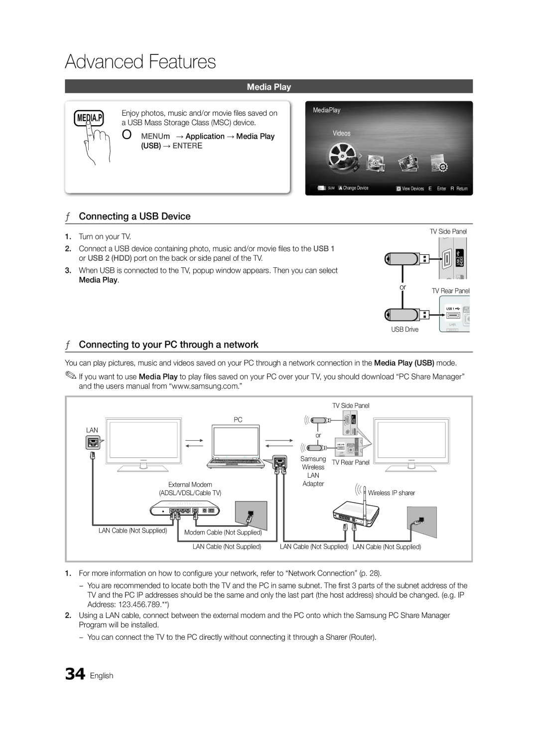 Samsung BN68-02580A-05 Connecting a USB Device, Connecting to your PC through a network, USB Mass Storage Class MSC device 