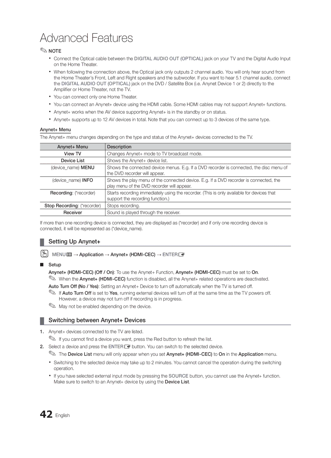 Samsung BN68-02580A-05, PC550-ZA user manual Setting Up Anynet+, Switching between Anynet+ Devices 