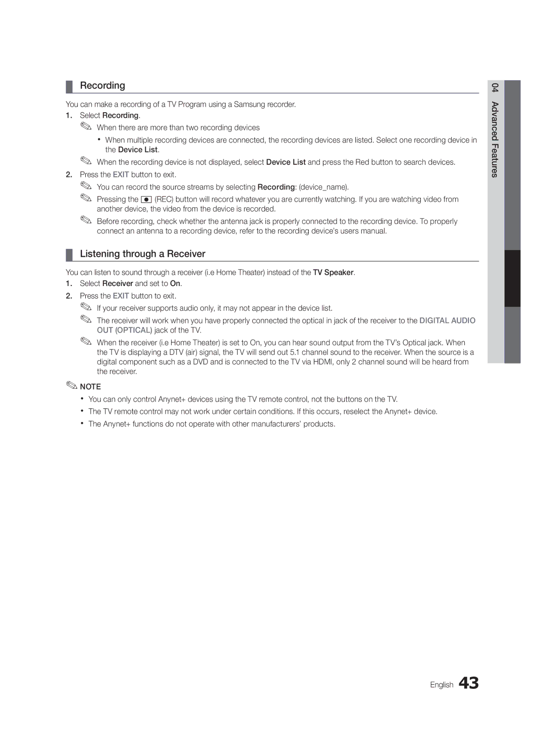 Samsung PC550-ZA, BN68-02580A-05 user manual Recording, Listening through a Receiver 