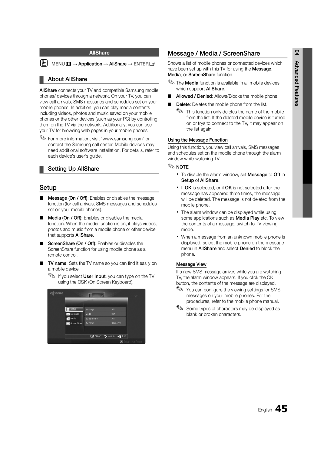 Samsung PC550-ZA, BN68-02580A-05 user manual Setup, Message / Media / ScreenShare, About AllShare, Setting Up AllShare 