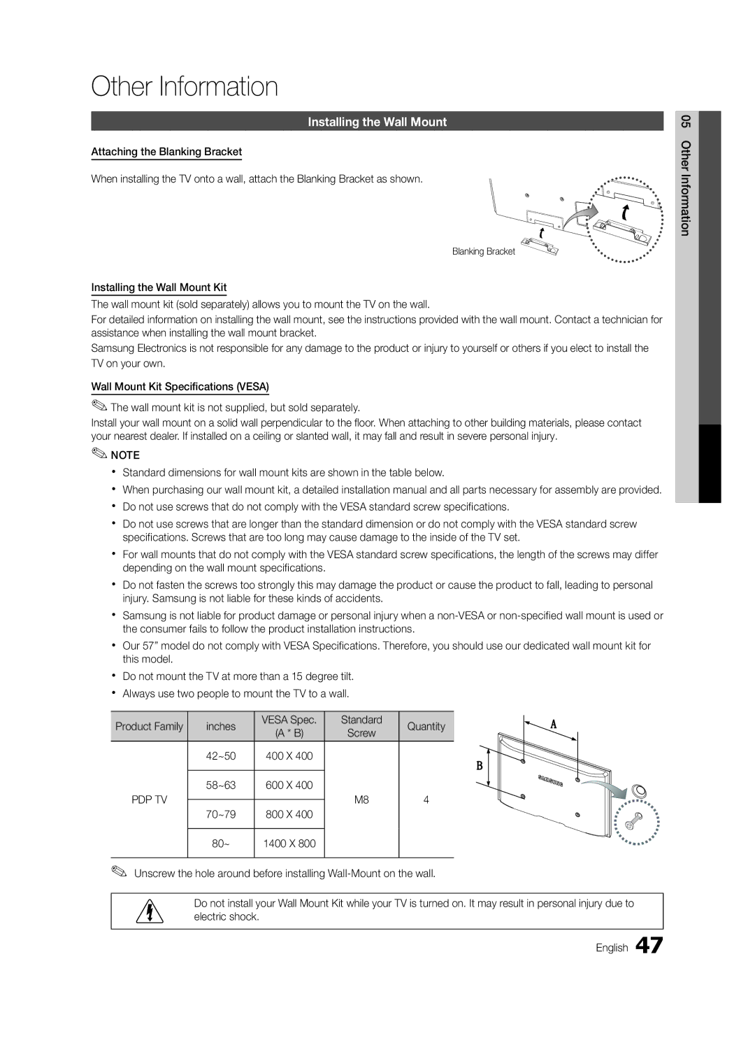 Samsung PC550-ZA, BN68-02580A-05 user manual Installing the Wall Mount, Product Family Inches Vesa Spec Standard Quantity 