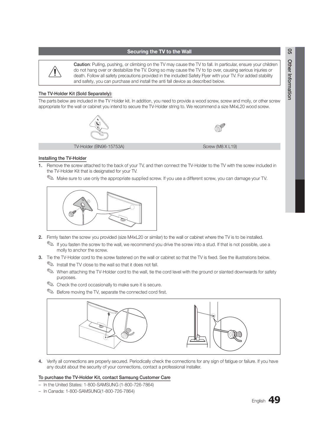 Samsung PC550-ZA, BN68-02580A-05 Securing the TV to the Wall, TV-Holder Kit Sold Separately, TV-Holder BN96-15753A 