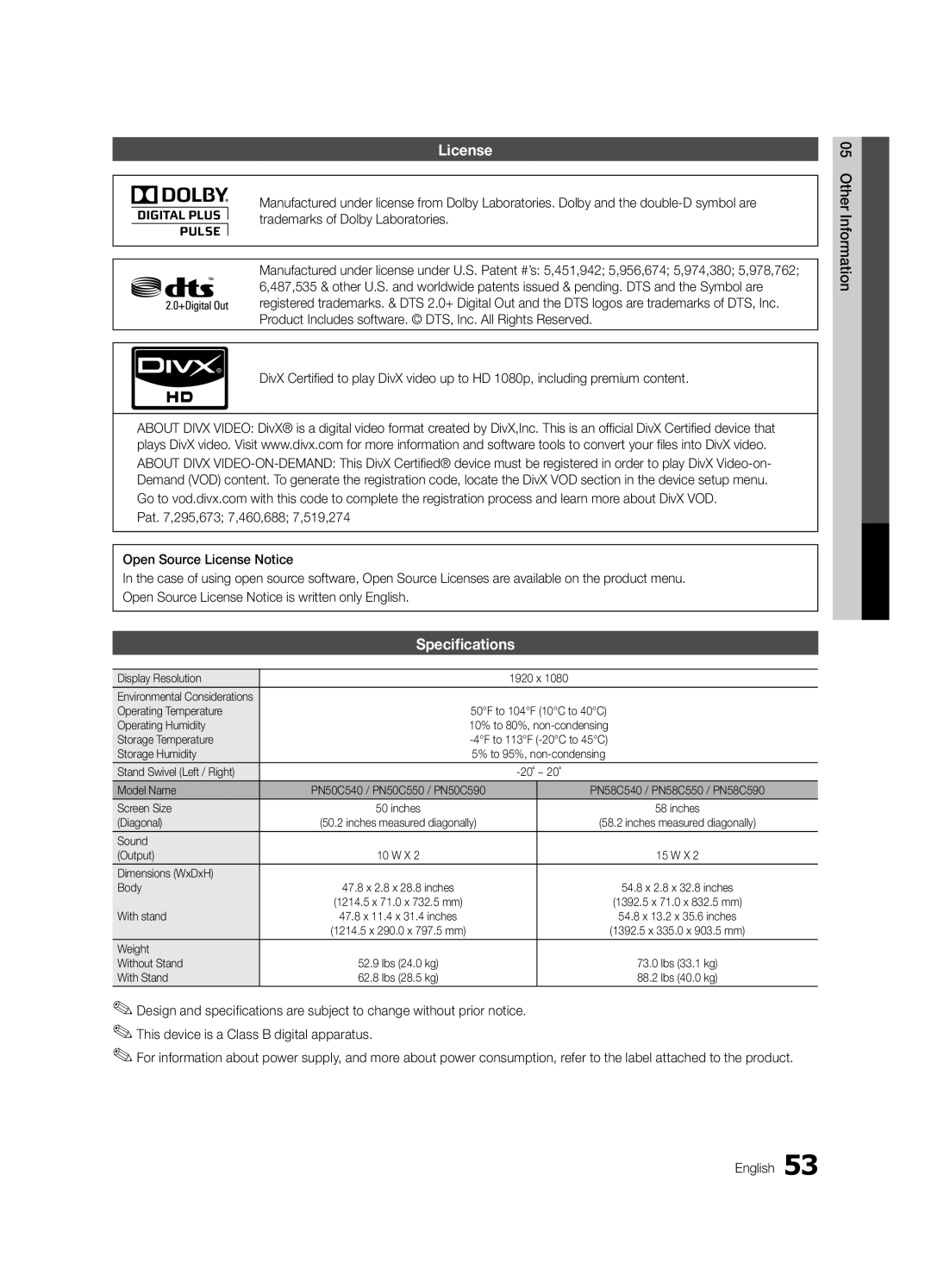 Samsung PC550-ZA, BN68-02580A-05 user manual License, Specifications 