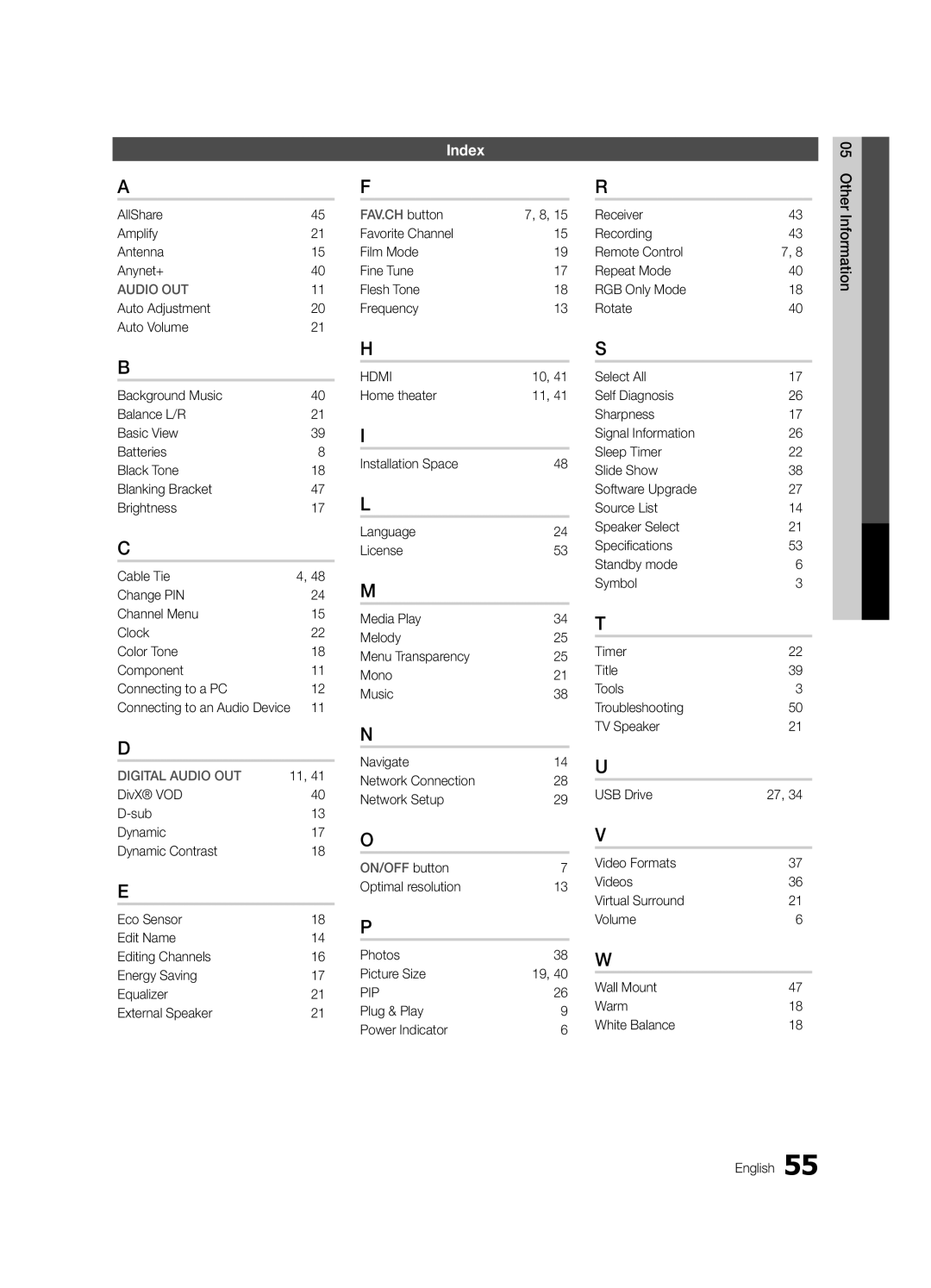 Samsung PC550-ZA Index, AllShare Amplify Antenna Anynet+, Favorite Channel Film Mode Fine Tune Flesh Tone Frequency 