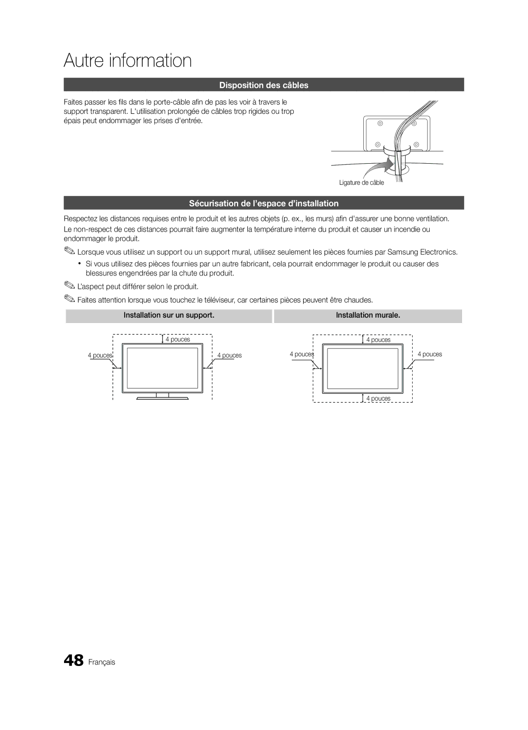 Samsung BN68-02580B-05, PC550-ZC user manual Disposition des câbles, Sécurisation de l’espace d’installation, Pouces 