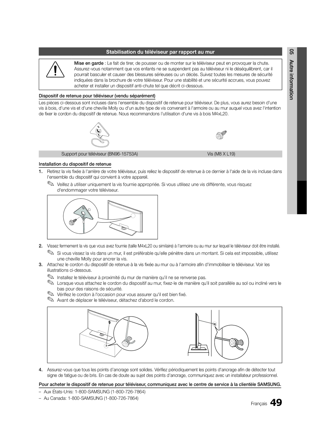 Samsung PC550-ZC Stabilisation du téléviseur par rapport au mur, Dispositif de retenue pour téléviseur vendu séparément 