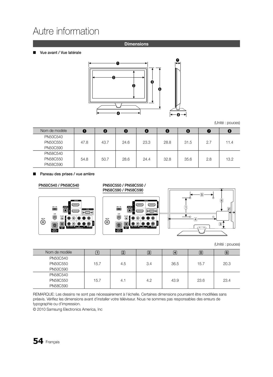 Samsung BN68-02580B-05, PC550-ZC Vue avant / Vue latérale, Paneau des prises / vue arrière, Nom de modèle, Unité pouces 