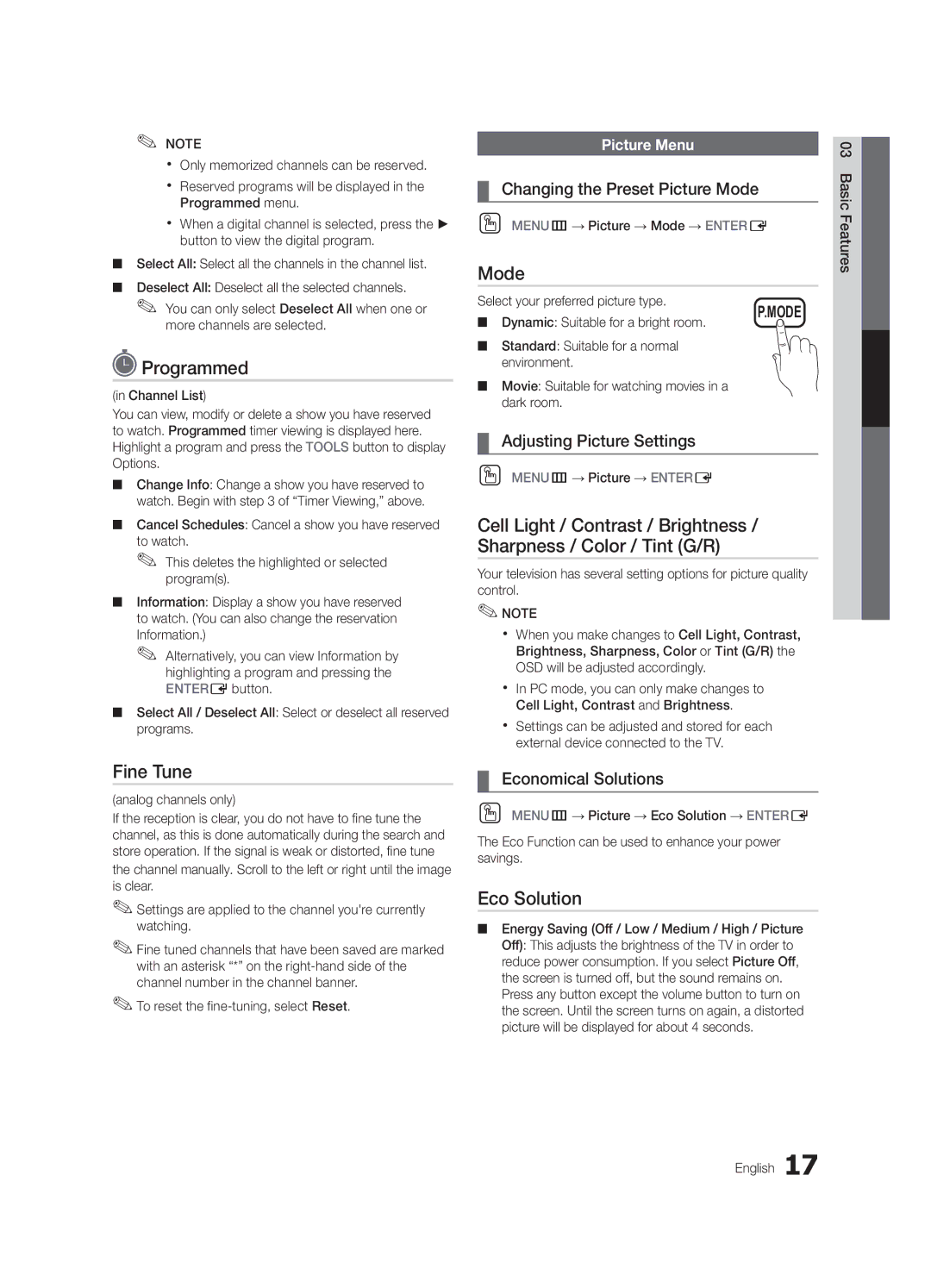 Samsung PC550-ZC, BN68-02580B-05 user manual Programmed, Fine Tune, Mode, Eco Solution 