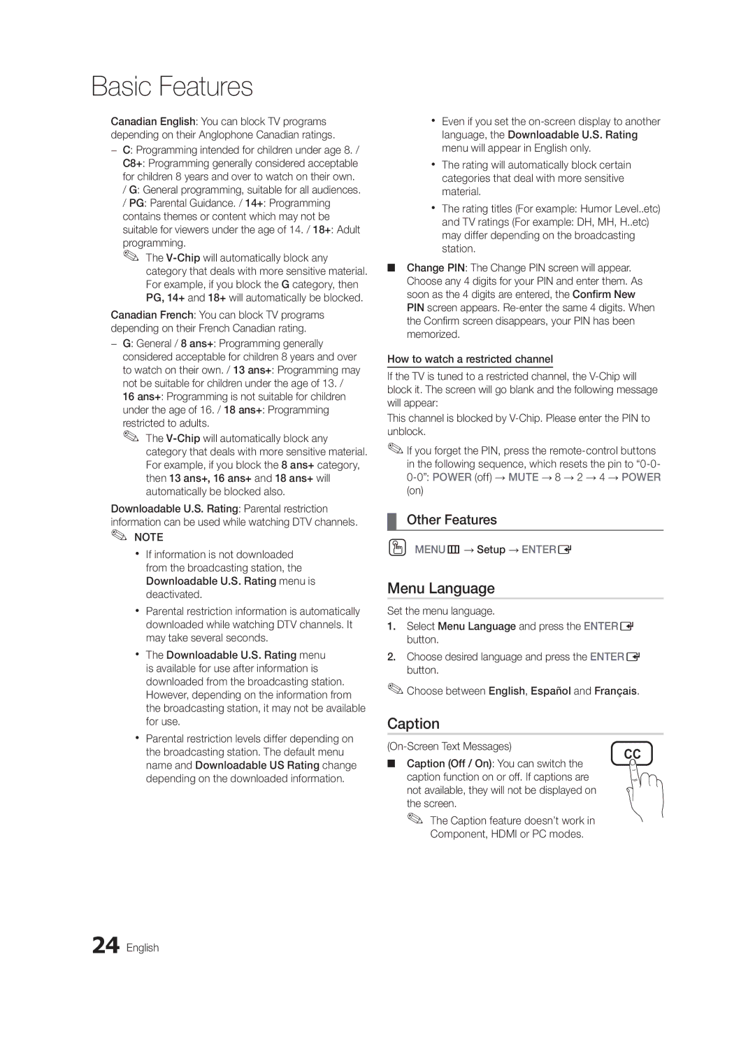 Samsung BN68-02580B-05, PC550-ZC user manual Menu Language, Caption 