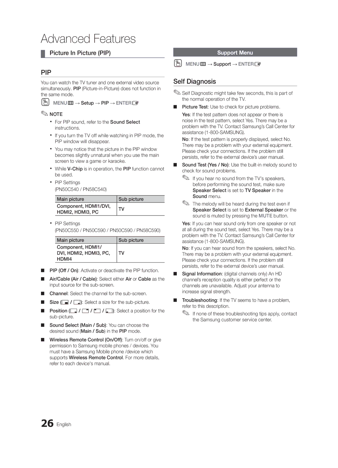 Samsung BN68-02580B-05, PC550-ZC user manual Advanced Features, Self Diagnosis, Picture In Picture PIP, Support Menu 