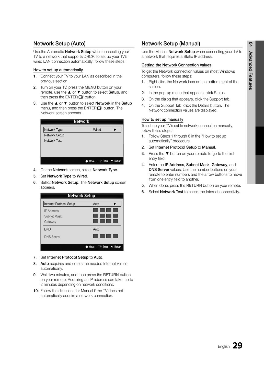 Samsung PC550-ZC, BN68-02580B-05 Network Setup Auto, Network Setup Manual, Network Type Wired Network Setup Network Test 