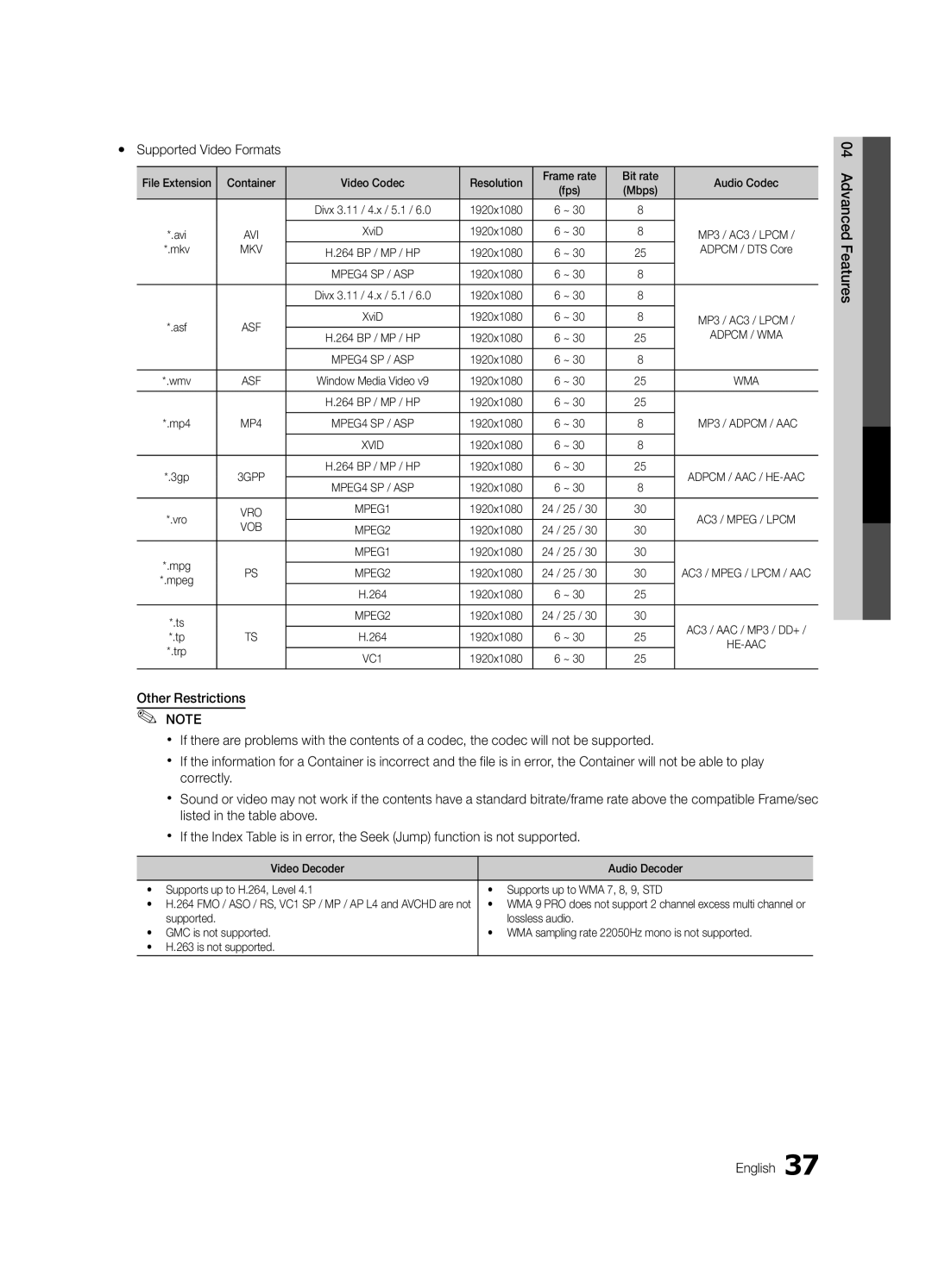 Samsung PC550-ZC, BN68-02580B-05 user manual Yy Supported Video Formats, Mbps, Mkv, 1920x1080 Adpcm / DTS Core 