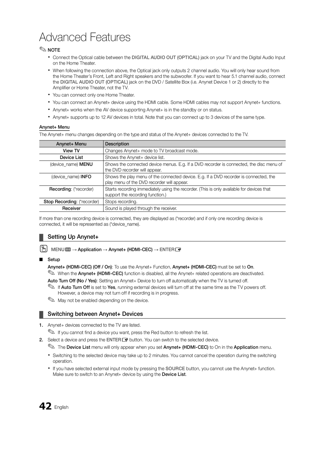 Samsung BN68-02580B-05, PC550-ZC user manual Setting Up Anynet+, Switching between Anynet+ Devices 