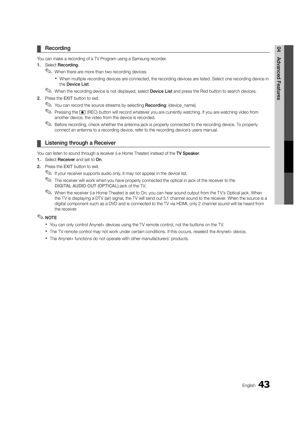 Samsung PC550-ZC, BN68-02580B-05 user manual Recording, Listening through a Receiver 