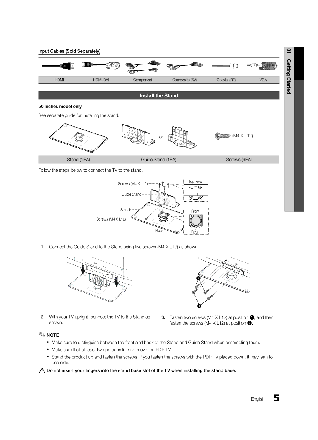 Samsung PC550-ZC Install the Stand, Input Cables Sold Separately, Follow the steps below to connect the TV to the stand 