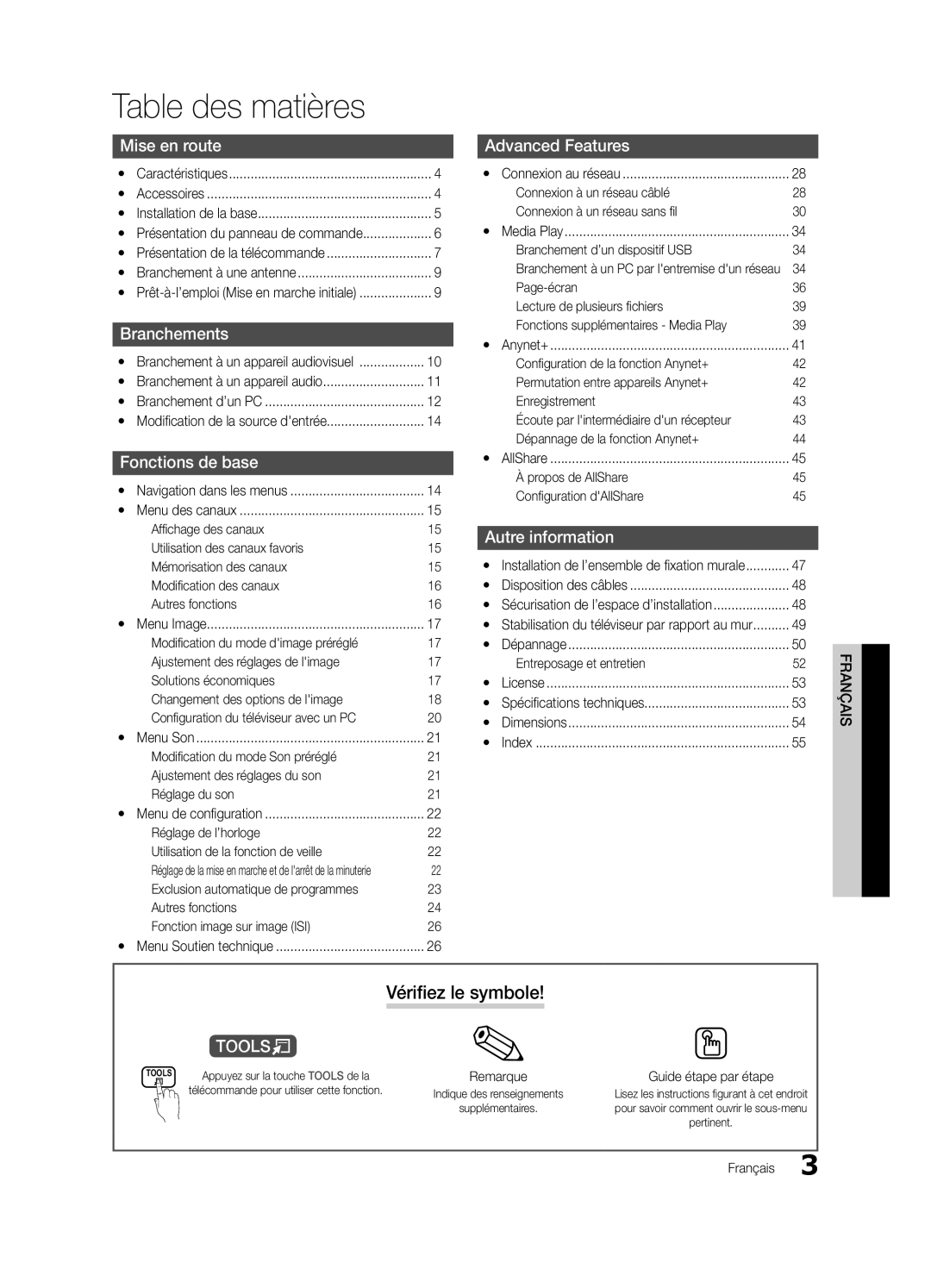 Samsung PC550-ZC, BN68-02580B-05 user manual Table des matières, Vérifiez le Symbole 