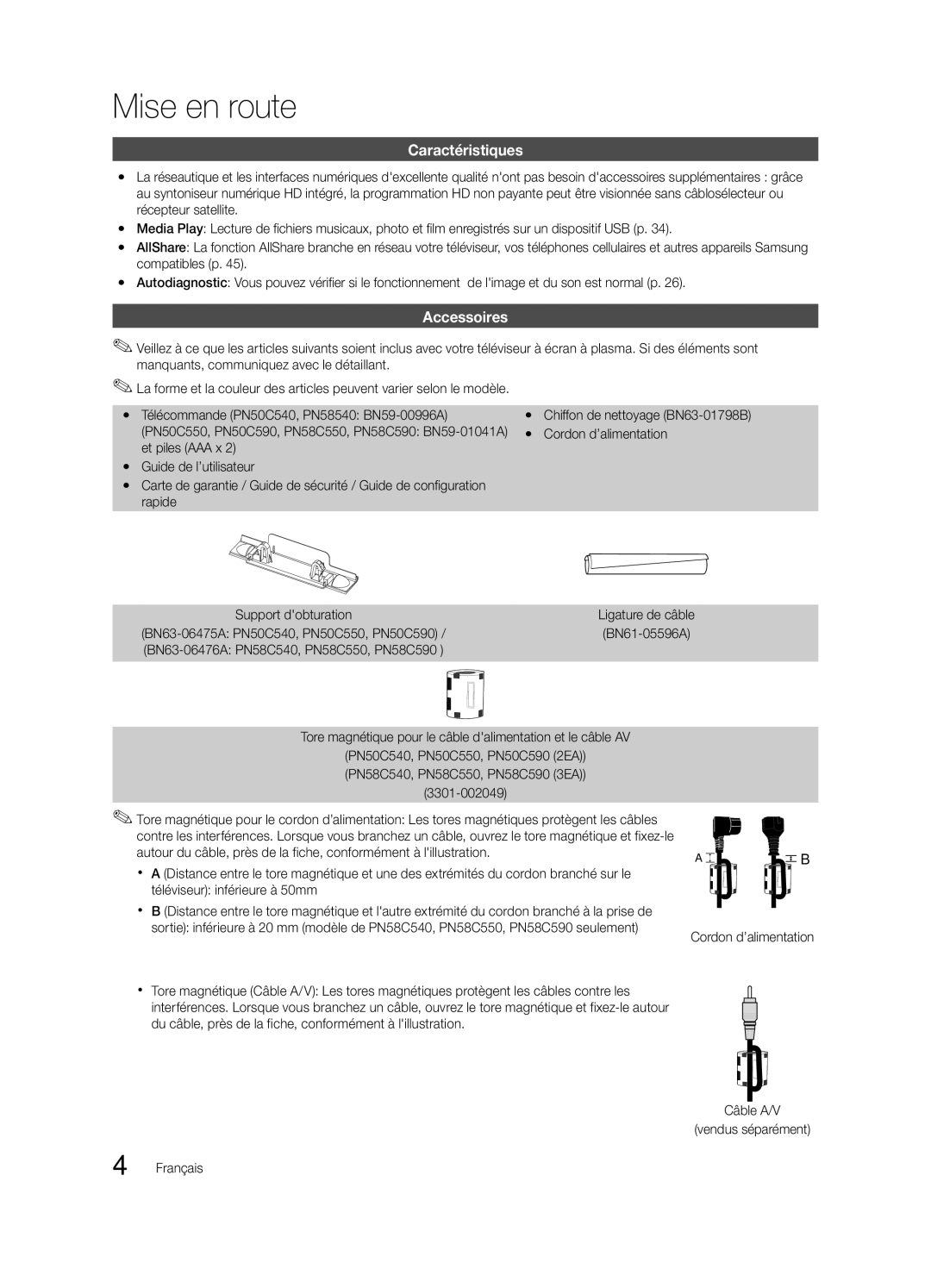 Samsung BN68-02580B-05, PC550-ZC Mise en route, Caractéristiques, Accessoires, Compatibles p, Support dobturation 