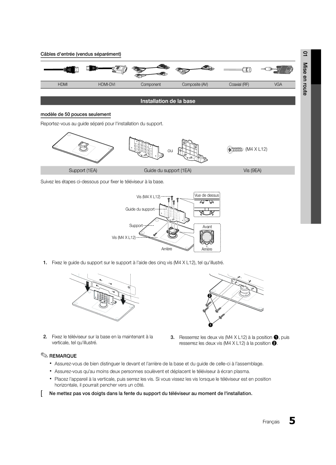 Samsung PC550-ZC user manual Installation de la base, Câbles dentrée vendus séparément, Vis M4 X L12 Guide du support 