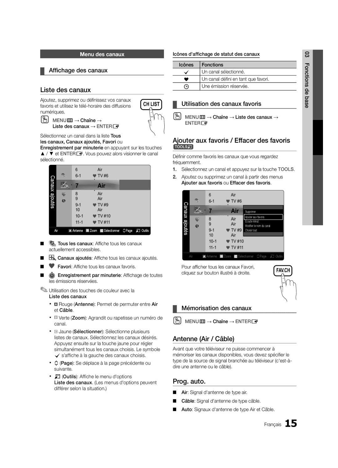 Samsung PC550-ZC user manual Liste des canaux, Ajouter aux favoris / Effacer des favoris t, Antenne Air / Câble, Prog. auto 