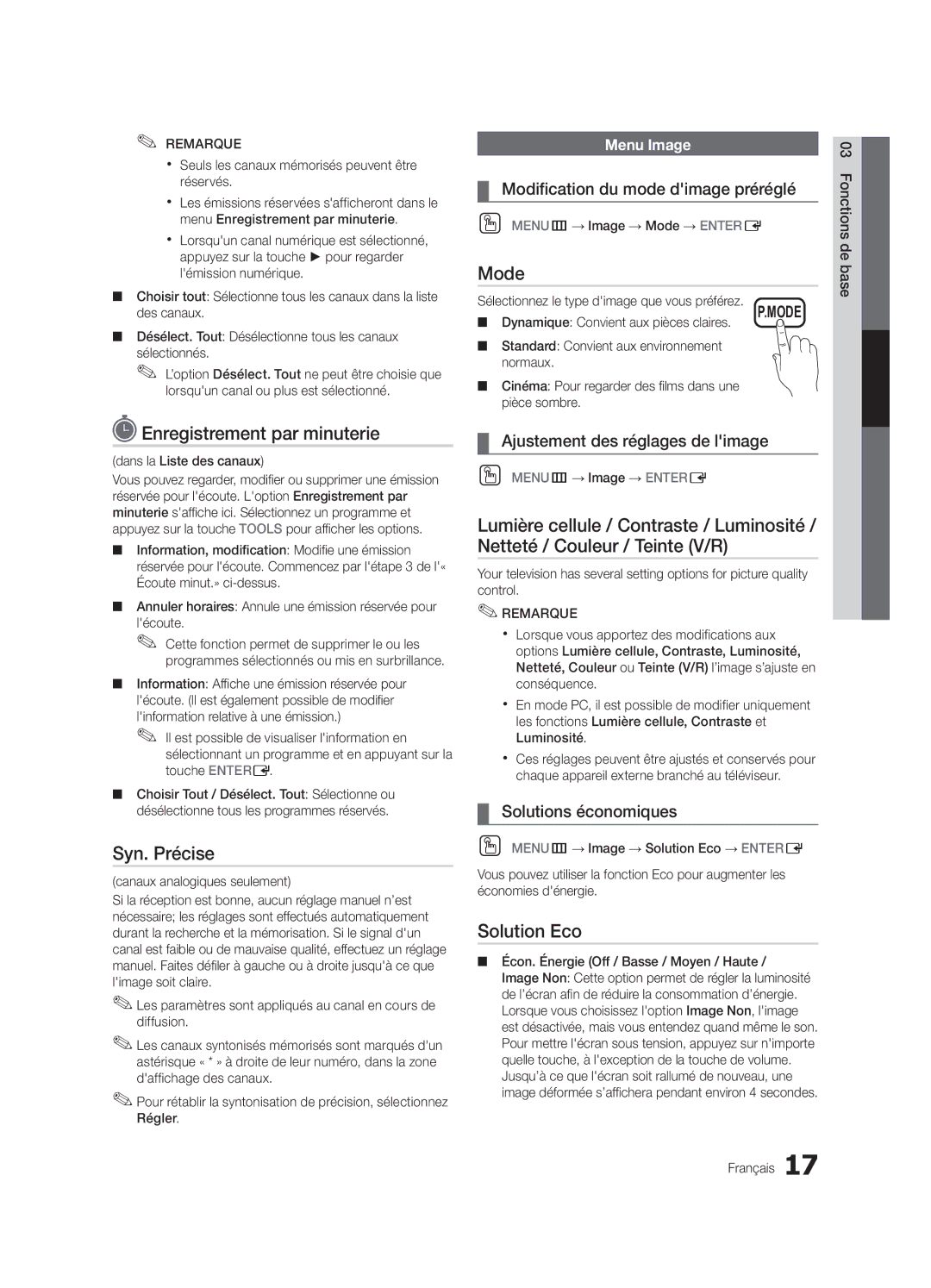 Samsung PC550-ZC, BN68-02580B-05 user manual Enregistrement par minuterie, Syn. Précise, Solution Eco 