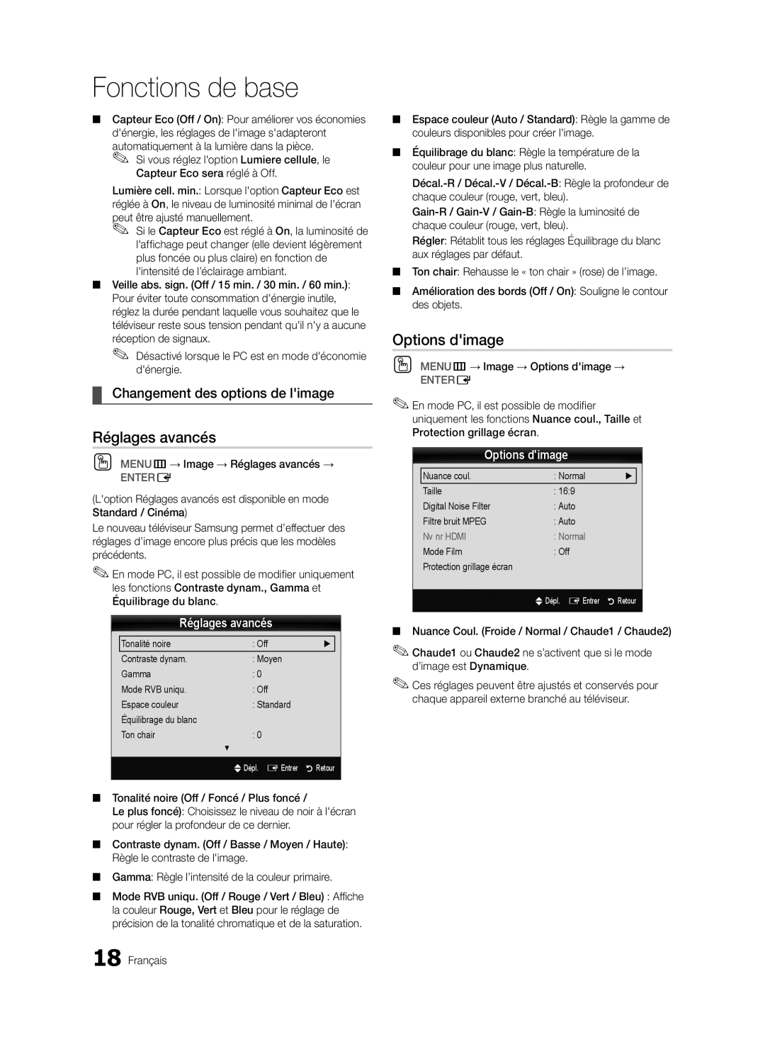 Samsung BN68-02580B-05, PC550-ZC user manual Réglages avancés, Options dimage, Changement des options de limage 