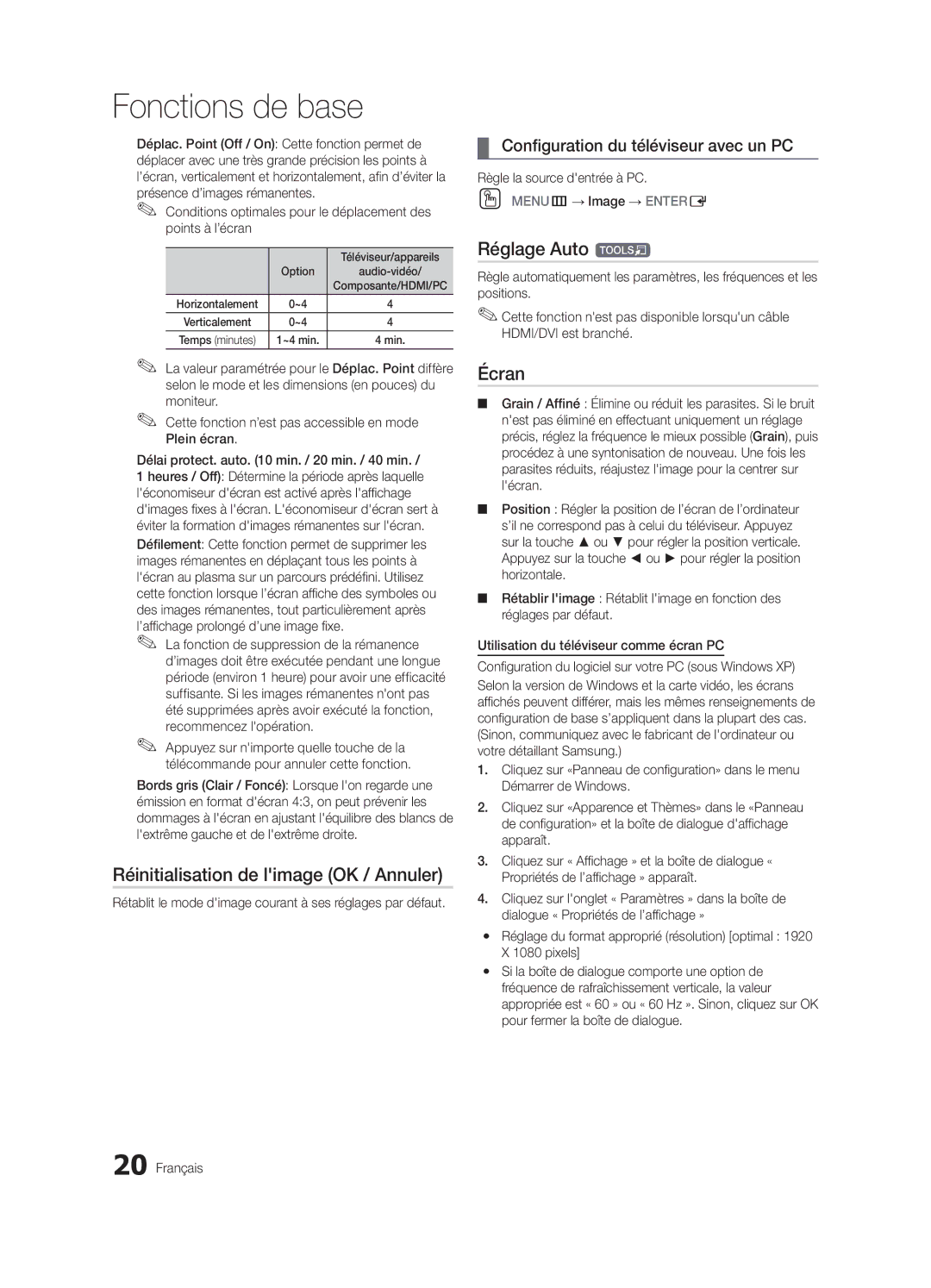 Samsung BN68-02580B-05, PC550-ZC user manual Réinitialisation de limage OK / Annuler, Réglage Auto t, Écran 